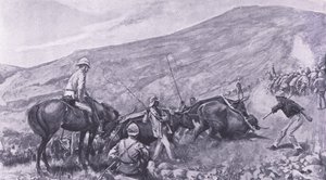 バーバートンでの輸送の難しさ：銃とワゴンが山に登った方法、イラスト（プレトリア後：ゲリラ戦争、1902年） 作： A. C. Ball