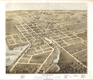 1867年、ウィスコンシン州ドッジ郡ビーバーダム市の鳥瞰図。LOC 73694535 作： A; Chicago Lithographing Co. Ruger