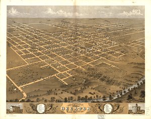 1869年、イリノイ州メイコン郡ディケーター市の鳥瞰図。LOC 73693354