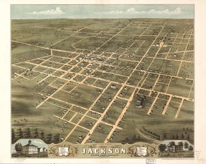 1870年テネシー州マディソン郡ジャクソン市の鳥瞰図。LOC 73694528