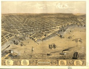マスキーゴン市の鳥瞰図、1868 年ミシガン州マスキーゴン社。 作： A.; Chicago Lithographing Co. Ruger