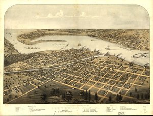 ポート・ヒューロン市、サーニア＆グラティオット（ミシガン州セント・クレア）1867年、ポイント・エドワーズ（カナダ・ラムトン）西の鳥瞰図。LOC 73693443