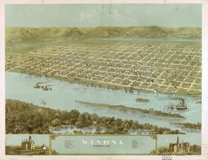 1867年、ミネソタ州ウィノナ市の鳥瞰図。LOC 73693469 作： A; Chicago Lithographing Co. Ruger