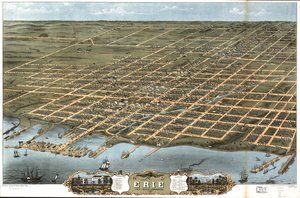 1870 年、ペンシルベニア州エリー郡エリー市の鳥瞰図。