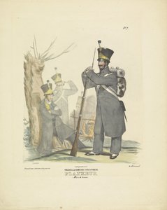 マーチング ドレスを着たフランコール、1820～1825 年 オランダ歩兵。 フランクール マーシュの衣装 (オブジェクトのタイトル) オランダ王国の軍服。 ウィレム・ヴァン・バイランド閣下に捧げる (オブジェクトのシリーズタイトル) 作： A. Courtois