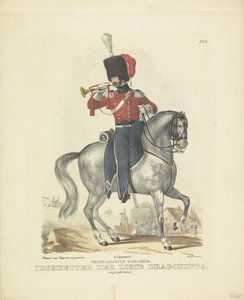 制服姿のトランペッター 正装したトランペッター、1820～1825年 オランダ騎兵。 リグテ竜騎兵団のトランペッター。 素晴らしい制服を着て (オブジェクトのタイトル) オランダ王国の軍服。 ウィレム・ヴァン・B閣下に捧げる