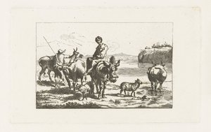 ラバの羊飼いと牛と羊飼いのいる風景 作： A. Dickhof (signed by artist)