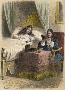 フランス王ルイ14世は、ジャン・ラシーヌの朗読を聞くのが好きで、病気の時には彼を連れてきたという。A.Duruyによる「Illustrations litteraires de la France; or, Galerie anecdotique de nos principaux auteurs ints par leurs actions and leurs inscriptions」の中の版画。 作： A. Duruy
