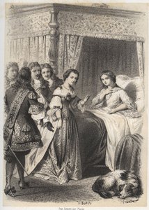 デシュリエール夫人、アントワネット・リジェ・ド・ラ・ガルド（1637-1694）は、幽霊の恐怖に包まれた夜を過ごした後、側近たちの質問に圧倒されている。A.Duruyによる「Illustrations litteraires de la France; or Galerie anecdotique de nos prur」に掲載された図版。 作： A. Duruy