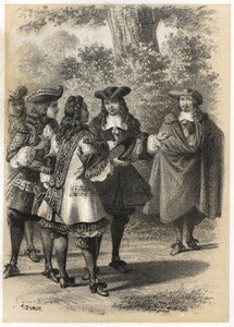 ジャン・ラシーヌ（1639-1699）とピエール・コルネイユ（1606-1684）がパリで出会った。J.B.の "Illustrations litteraires de la France; or, Galerie anecdotique de nos principaux auteurs ints par leurs actions et leurs inscriptions "に掲載されたA.Duruyのエングレーヴィング。