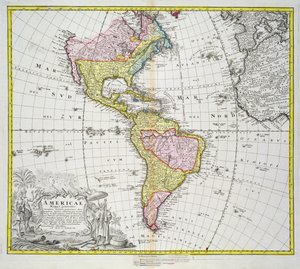 アメリカ大陸の地図、ホーマン発行、1746年（カラー彫刻）