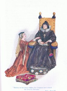 伯爵夫人の前で跪くヘレナは、バートラムへの愛を誓った（All