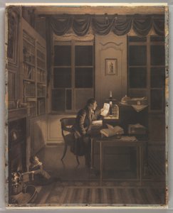 素描、机で読書する男のいるインテリア、1827年 作： アル・ルロイ