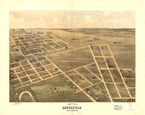 1869年、ミズーリ州リン郡ブルックフィールドの鳥瞰図。LOC 73693470