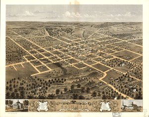 1869年、ミズーリ州ブーン郡コロンビア市の鳥瞰図。LOC 73693473