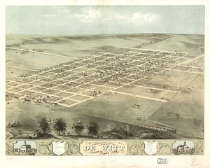 1868年、アイオワ州クリントン郡デ・ウィット市の鳥瞰図。LOC 73693396