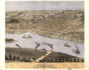 1869年、ミズーリ州マリオン郡ハンニバル市の鳥瞰図。LOC 73693475
