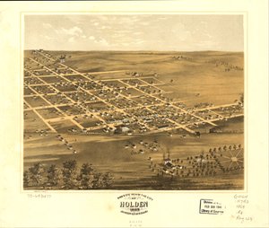 1869年、ミズーリ州ジョンソン郡ホールデン市の鳥瞰図。LOC 73693477