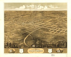 1868年、ミズーリ州ジャクソン郡インディペンデンス市の鳥瞰図。LOC 73693478