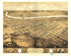 1869年、カンザス州ローレンス市の鳥瞰図。LOC 73693409