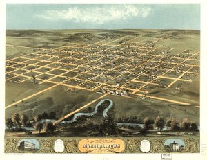 アイオワ州マーシャルタウン市の鳥瞰図（1868年）。LOC 73693402