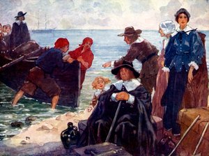 1620年、1905年、亡命者のバンドが、ニューイングランドの野生の海岸で樹皮を刈り取りました。 作： A. S. Forrest