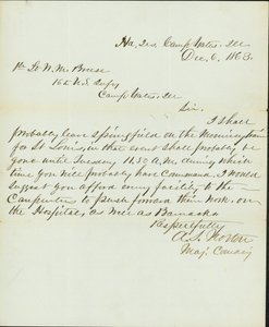 1863年12月6日、イリノイ州キャンプ・イエーツの司令部少佐A.S.ノートンからイリノイ州キャンプ・ゲーツの米国第16歩兵隊W.M.ブリース一等兵への手紙（署名入り 作： A. S. Norton