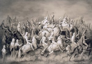 シーク教徒のマハラジャでパンジャブの王であるチル・シンとその従者がラホールの近くで狩りをする様子（1859年 作： A. Soltykoff