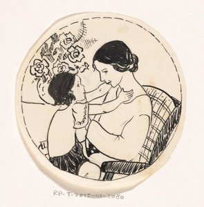 お母さんの膝の上の女の子 作： A. Tinbergen (signed by artist)