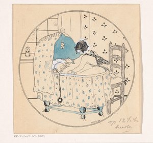 ベビーベッドから赤ちゃんを持ち上げたい女の子 作： A. Tinbergen (signed by artist)