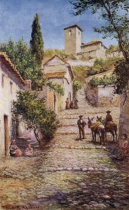 グラナダ、旧市街の街並み（カラーリトグラフ 作： A. Trevor Haddon