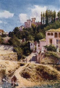 アルハンブラ宮殿、ダロ川から見たダマスの塔（カラーリトグラフ 作： A. Trevor Haddon