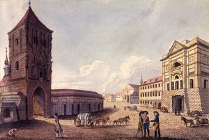 パウダータワーとハイバーン税関、プラハ、1810年頃（カラーエッチング） 作： A. and Berka, Johann Gustav