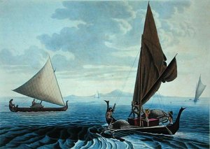 テニアン島の眺め。カロライン諸島のダグアウト・カヌー（1825年に出版されたCoutantの「Voyage Autour du Monde sur les Corvettes de L