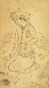 ワインカップとハンカチを持った青年の座り姿 作： Abassi Riza