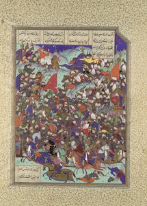 Kai Khusrau が Makran の軍隊を打ち負かす、Shahnama Book of... の Folio 376v 1525-30。 作： 