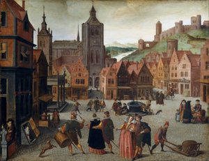 ベルヘン オプ ゾームのマーケットプレイス、おそらく 1590 年と 1597 年。 作： Abel Grimmer