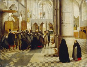 教会サービス。 アベル・グリマー（1570-1619）による絵画、木に油彩 作： Abel Grimmer or Grimer