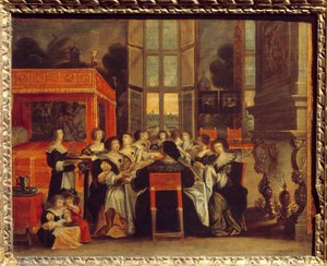 夫のいないところでの女性たちの会話。アブラハム・ボッセ(1602-1676)による夕食の絵 17世紀の江頭園。国立ルネッサンス美術館 作： Abraham (after) Bosse