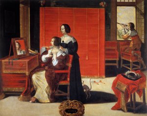 五感の話景色 男性が天文ベゼルを使っている間、鏡の前にいる若い女性。アブラハム・ボッセ（1602-1676）による絵画。17世紀。トゥール、美術館 作： Abraham (after) Bosse