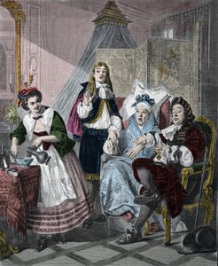 モリエールことジャン＝バティスト・ポケリン（1622-1673）の「想像のマラデ」：第2幕第9場。1861年のアブラハム・ソロモン（1824-1862）による絵画の後のエングレーヴィング。 作： Abraham (after) Solomon
