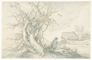 枯れ木の近くの羊と羊飼い 作： Abraham Bloemaert