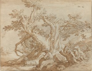 坐像と犬のいる風景 作： Abraham Bloemaert
