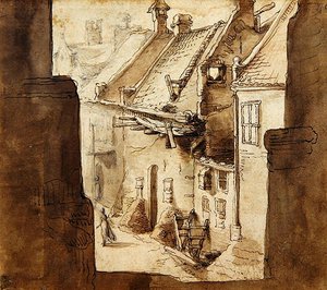 ランプアーツから路地を見る（紙にチョーク、ペン、水彩） 作： Abraham Bloemaert