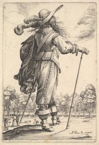 後ろから見た紳士で、杖を持って右に向かって歩き、羽毛をはめた...、1629年。 作： Abraham Bosse