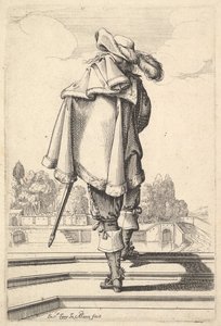 後ろから見た紳士で、欄干を歩いて、左肩にマントをかぶって…、1629年。 作： Abraham Bosse