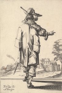 右腕を伸ばし、左腕にマントをかぶった後ろ姿の紳士、1629年。 作： Abraham Bosse