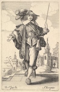 右腕を伸ばし、左手に鞭を付けて前を歩く紳士...、1629年。 作： Abraham Bosse