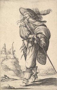 左に向かって歩き、鞘から剣を抜き、プルを身に着けている紳士、1629. 作： Abraham Bosse