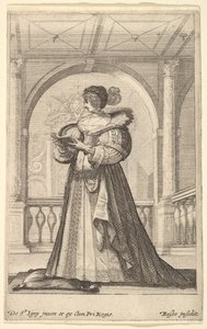 立って、横向きで左側を向き、帽子とレースの襟をかぶった女性。 1629年。 作： Abraham Bosse